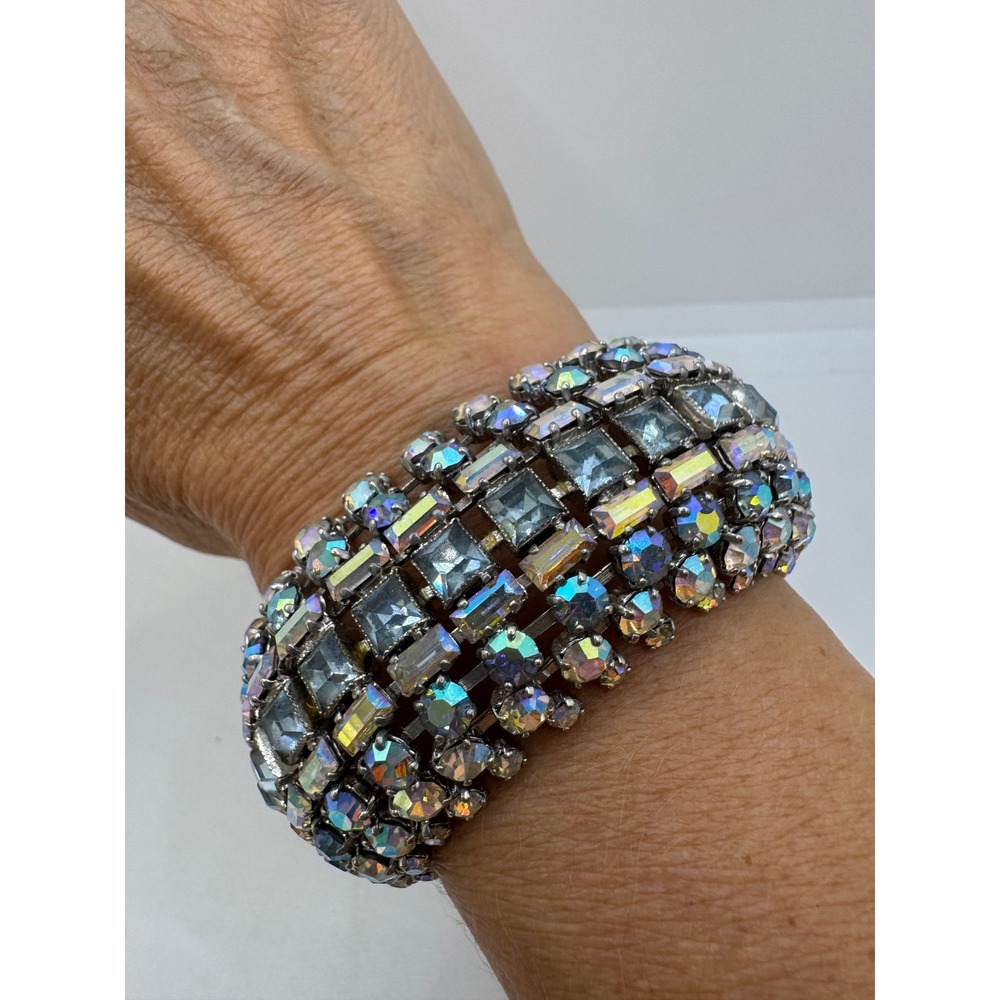 Vintage Blue Aurora Borealis Rhinestone Wide Statement Bracelet Art Deco Prom